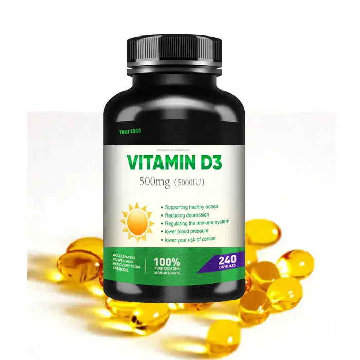 Kualitas produsen perawatan kesehatan harian Vitamin D3 kapsul suplemen mendukung sehat Vegetarian Softgel kapsul 5000 IU