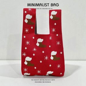 Sac fourre-tout pliable en tricot pour femme, mini sac à main en crochet, idéal pour les courses, motif Noël rouge et vert, vente chaude - Product Image 6