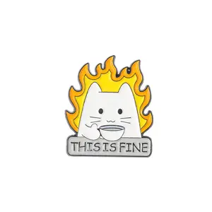 This Is Fine Cute handsome enamel pin brooch clothing accessories funny white cat metal badge