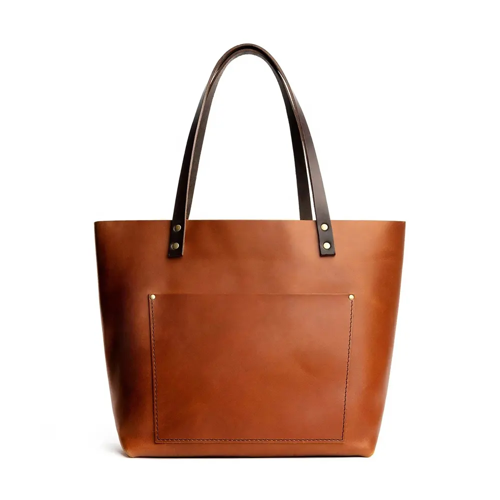 Luxury Handbag Brown Vintage Full Grain Leather Women's Tote Bag With Custom Printed Logo