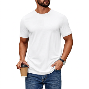 T-shirt pour homme en coton blanc à col rond et manches courtes, coupe classique, décontracté, couleur unie, jersey tricoté respirant, teinture unie - Product Image 1