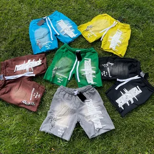 Individueller OEM dicker Zugband-Puffdruck Acid-Wash-Shorts Hersteller Großhandel OEM Schnittkante-Schaumdruck Sonnenuntergang-Shorts