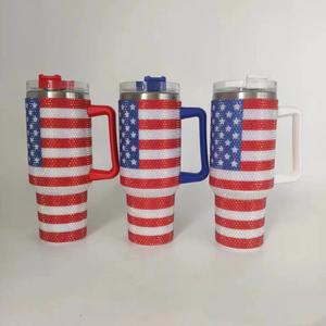 Vaso de Lujo de 40oz con Colores Personalizados, Adornos de Diamantes de Imitación, Bandera Americana, con Pajita, de Acero Inoxidable Brillante - Product Image 3