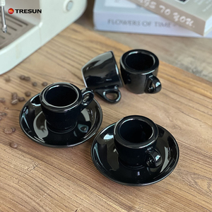 Black Customized Logo Thick Walled Stoneware Ceramic Porcelain Espresso <b>Cup</b> <b>Set</b> Saucers Contemporary Design Party Use - Product Image 1