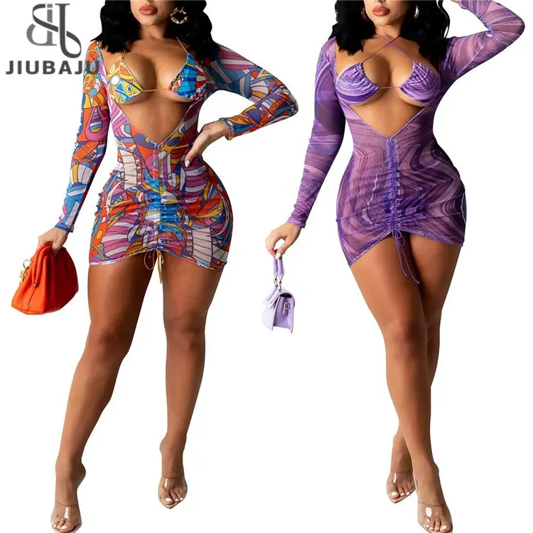 Mesh See Though Bikinis Dress Set for Women 2024 Summer Drawstring Skirt 2 Piece Set