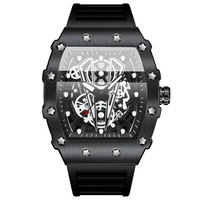Montre-bracelet à quartz de luxe pour homme BINBOND 8577, design squelette en forme de tonneau, étanche, boîtier en acier et cuir, cadran rectangulaire en silicone