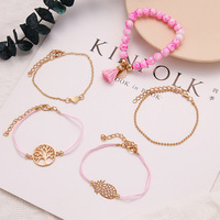 Perhiasan Musim Panas, Gelang Manik Nanas Berongga Motif Bunga, Set Gelang Liontin Pohon Kehidupan Kreatif untuk Wanita dan Pria