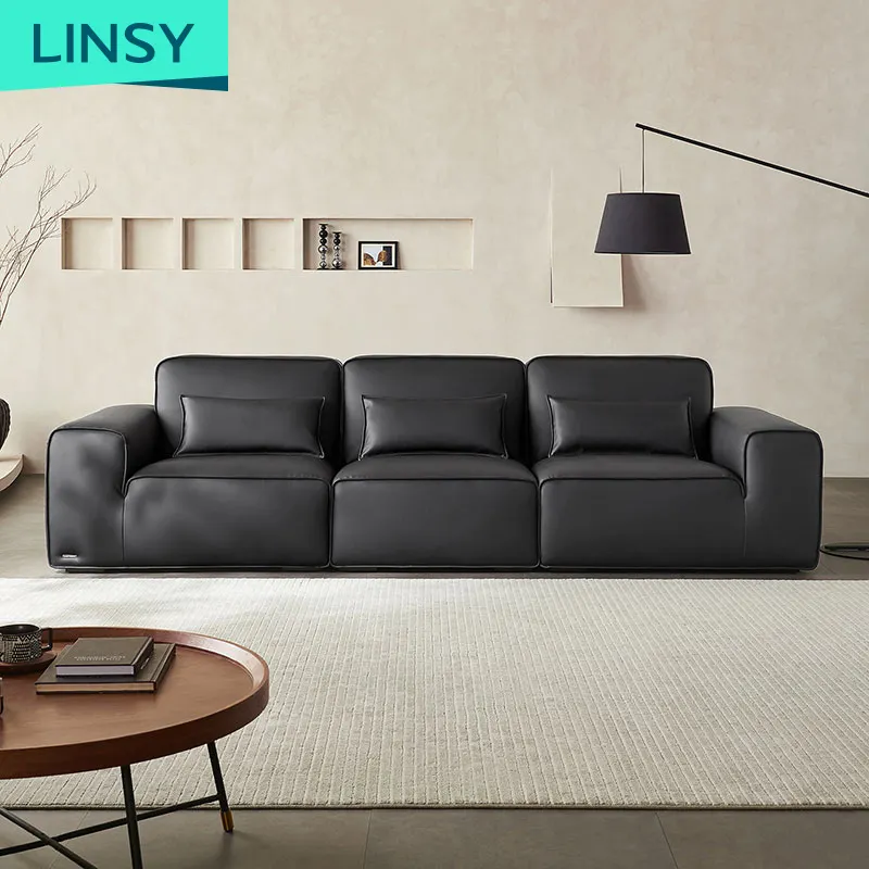 Classic villa luxury furniture modern light luxury italy Top grain leather sofa big black cow leather square sofa