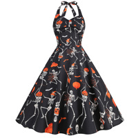 Robe Femme Swing Skull Print Scarey Halloween Costumes Midi Vestidos Sexy Halter Strapless Gothic Retro Rave Party Dresses