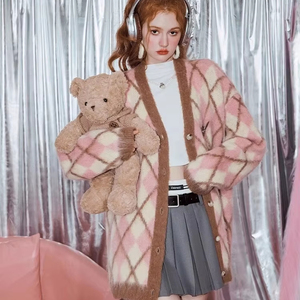 Hợp Thời Trang Của Phụ Nữ Lỏng Lười Biếng Phong Cách Dệt Kim Cardigan Áo Màu Hồng Nâu Kim Cương Mô Hình Mohair Váy Phụ Nữ Thoáng Khí Cardigan Áo Len - Product Image 3