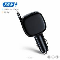 Chargeur de voiture intelligent 84W multi-ports avec câble Type-C rétractable PD & QC 3.0 et écran numérique