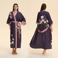 Robe Kimono Florale Décontractée et Élégante en Satin de Polyester pour Femme, Manches Longues, Longueur Cheville, Col en V, Ceinture à Nouer, Vêtement de Nuit de Luxe