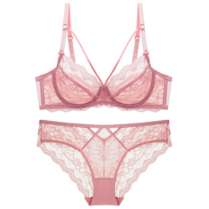 Conjunto de sujetador con aros y bragas de encaje rosa, lencería romántica transparente para mujer, conjunto de lencería transpirable de talla grande para mujer, OEM ODM - Product Image 5