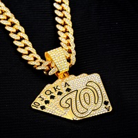 Collier pendentif chaîne cubaine pour homme, style hip-hop, avec diamants et motifs de cartes à jouer, finition goutte d'huile, directement de l'usine