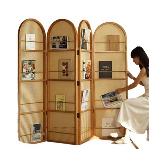 Retro Style Movable Rattan Folding <b>Screen</b> Solid Wood Frame Room Divider For Living Room Bedroom Entryway Partition With Shelves - Product Image 4