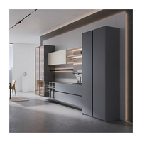 Meubles de cuisine gris clair modernes, ensemble compact avec vitrine en verre