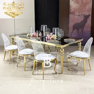 Mirror glass top 8 people gold dining table set for wedding