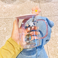 Tasse en verre Sakura esthétique avec couvercle et cuillère, grande tasse à eau en borosilicate haute résistance
