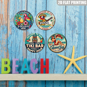 Ensemble de panneaux métalliques ronds vintage sur le thème du bar Tiki et de la piscine, décoration murale rétro avec perroquet pour patio et bar - Product Image 5