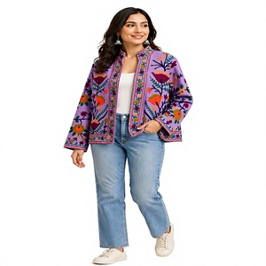 Chaqueta Rosa de Punto con Bordado Floral, Cuello Mandarín, Manga Larga, Estilo Prairie Chic para Mujer, Bordado Suzani en Algodón - Product Image 2