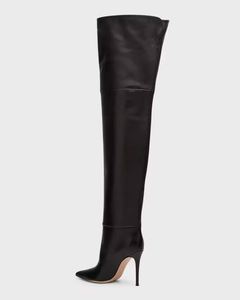 Factory Custom Sexy Genuine Leather <b>Black</b> Zipper Stilettos Thigh <b>Pumps</b> High Heels Pointed Over-Knee Fetish Shoes Women Autumn - Product Image 2