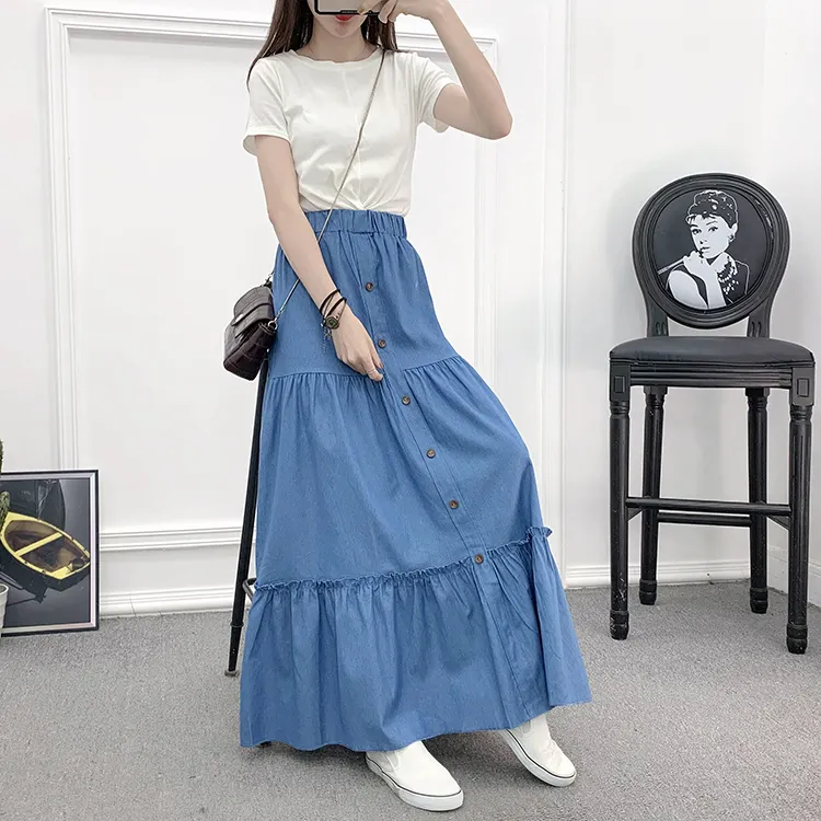 90cm Length High Waisted Washed Loose Long Blue Cake Jeans Skirts Denim  Tiered Maxi Skirt B12901Y