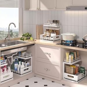 China Cheap L-Shaped Adjustable Bathroom <b>Kitchen</b> Cupboard Slipping Drawer Under the Sink Slide Pull Out Cabinet Basket Organizer - Product Image 5