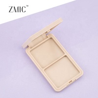 Boîtier compact 2 couleurs nude avec fenêtre transparente pour poudre, palette de blush, fard à paupières et illuminateur, et emballage personnalisable avec logo