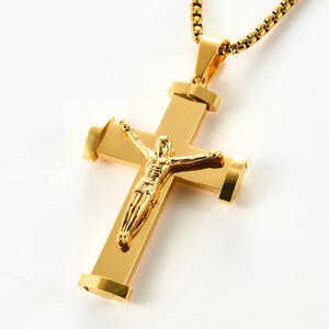 Collier pendentif croix de Jésus en acier inoxydable, couleur argent et or, pour hommes et femmes, bijoux religieux, prière, baptême, cadeau - Product Image 3