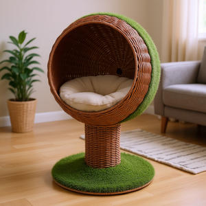 Fauteuil suspendu rotatif pour chat, en herbe tressée marron, surélevé avec coussin, pour intérieur - Product Image 2