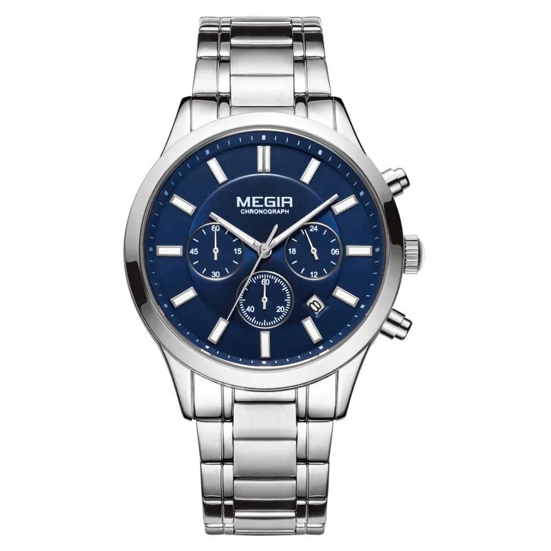 2022 Hot Sale MEGIR 2150 22cm Sliver Watch Strap 3BAR Waterproof Men Sport Quartz Watches