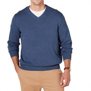 Pull à col en V bleu uni pour homme, manches longues, tricoté en laine/acrylique, respirant, vêtements d'hiver - Product Image 1