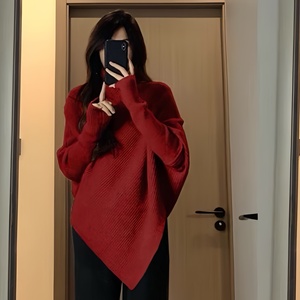 Suéter de Cuello Alto para Mujer Top de Otoño Invierno Manga Murciélago Holgado Nueva Camisa de Punto Casual Irregular para Dama - Product Image 3
