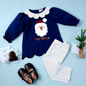 Conjunto de Vestido y Pantalones Azul Marino de Lujo para Niñas, Tema Navideño, Bordado de Santa Claus, 100% Algodón, Certificado OEKO-TEX, Ignífugo, OEM, ODM - Product Image 1