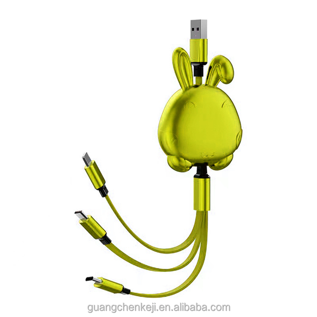 Cute Rabbit Retractable 3 in 1 Charging Cable Multi Function USB Charger Cord Custom Logo