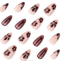 Faux ongles courts en amande, couleur marron, fleurs, ongles pressés, ongles artificiels