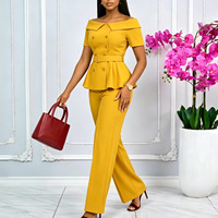 Ensemble deux pièces pour femmes, haut décontracté formel sexy à épaules dénudées à manches courtes avec pantalon large à jambes fines, taille plus, pour le bureau, pour adultes