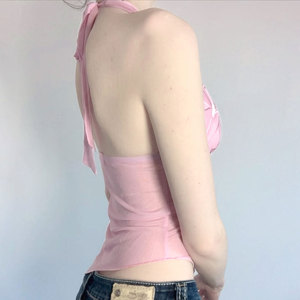 OEM personalizado verano Sexy cuello Halter malla chaleco púrpura lirio estampado espalda descubierta camiseta sin mangas con cordones Halter Tops para mujeres ropa de vacaciones - Product Image 2