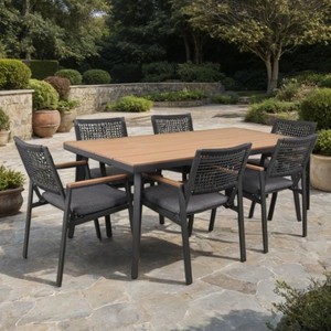 Bộ bàn ghế ngoài trời bằng sắt đan mây hiện đại Dwoo, đa năng, bền, bộ bàn ăn sân vườn 7 món - Product Image 1