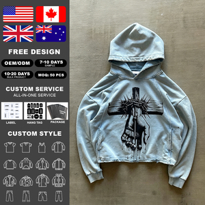 Sweat à capuche court en coton épais personnalisé, délavage vintage, imprimé graphique tendance, détail ourlet brut, streetwear premium - Product Image 2