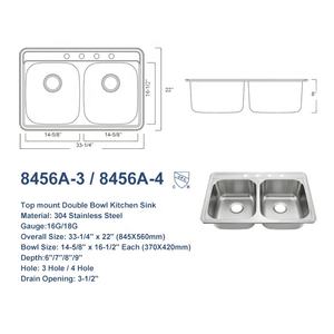 キッチンシンク8456工場価格耐久性トップマウント50/50ダブルボウル16ゲージステンレス鋼 - Product Image 4