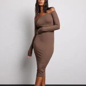 Nieuwe Herfst Jurk Custom Vrouwen Rib Gebreide Off Shoulder Midi Dress Bruine Vintage Basic Bodycon Jurk Voor Dames