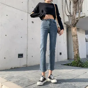 Womens cao eo thẳng rộng Chân Mỏng Skinny đầy đủ chiều dài jeans bạn trai căng quần denim với túi