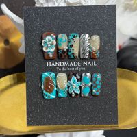 196-200 French Flowers Coffin Shape 3D Handmade Acrylic Full Cover Press on Nails Glue 10 Pcs Aplikasi Kuku Palsu untuk Jari