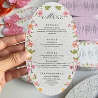 Kartu Menu Souvenir Pernikahan Premium Buatan Tangan dengan Embos Huruf Cinta, Motif Bunga Pink Oval, Rumbai, Kertas Seni Watercolour Edisi Terbatas