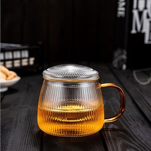 Tasse à thé en verre à rayures verticales avec filtre et couvercle à visser, idéale pour le bureau, ensemble de thé de l'après-midi - Product Image 3