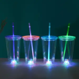 Benutzer definierte LED Light Up Party Brille Led Doppel wand becher mit Strohhalm