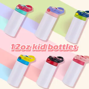 USA RTS 12oz Colorful Flip Top Lid Kids Water Bottle Glossy White Straight Tumbler Sublimation Blanks 350ml Children Travel Mug