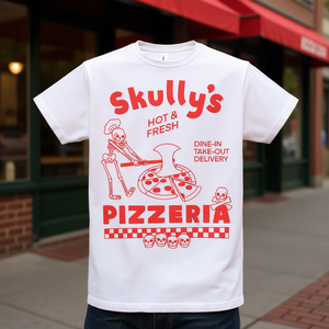 Camiseta Skullys Pizzeria Blanca para Adultos Unisex, Camiseta Promocional - Product Image 3
