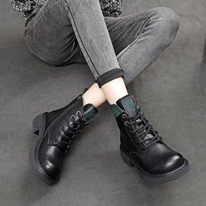 Bottes pour femmes INS printemps automne 2022, nouveau style britannique, cuir à semelle épaisse, mi-tube, rétro, noir/marron foncé, talon moyen - Product Image 2